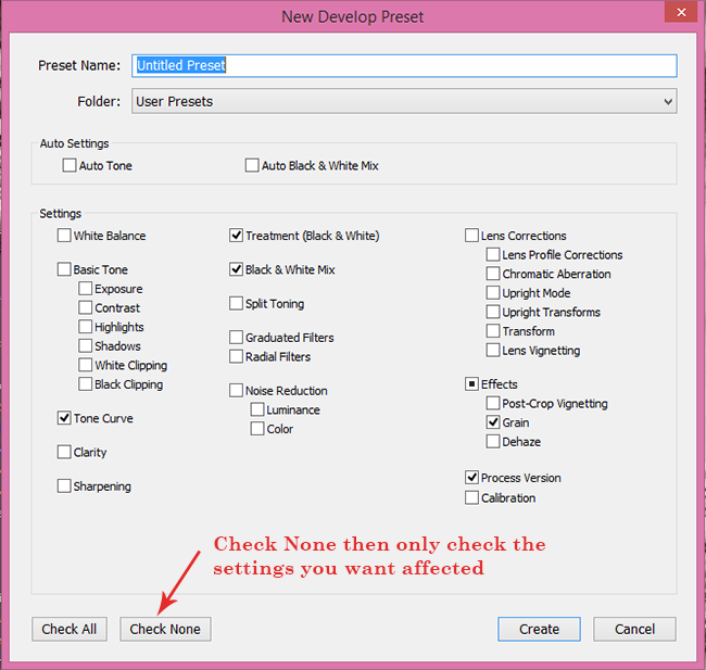 When creating a new preset, just check the boxes for sliders you actually adjusted, not all of them.